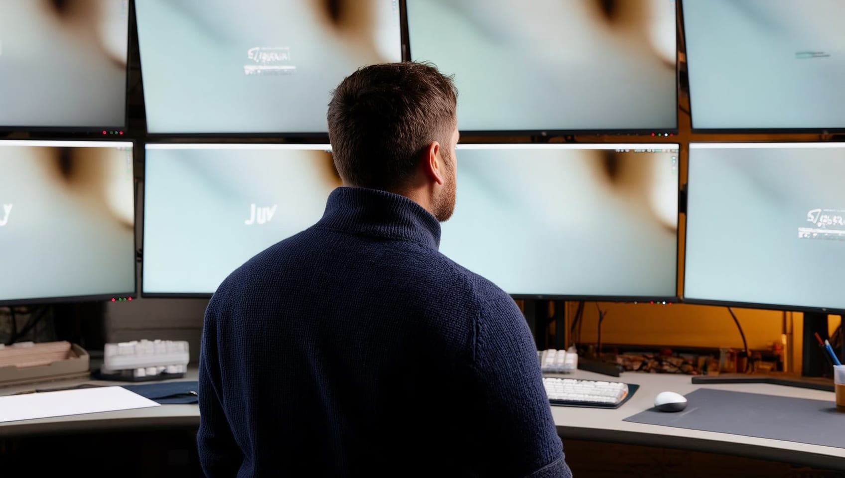 A focused JULY AI Labs engineer refining an interface at a tidy multi-monitor workbench