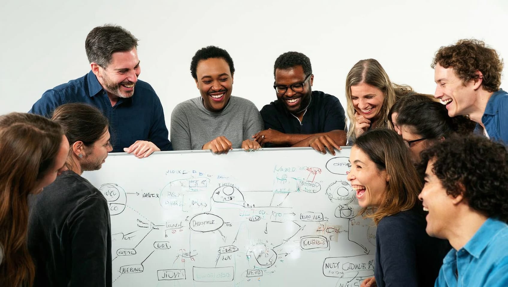 A diverse group of JULY AI Labs engineers and designers collaborating at a whiteboard in a bright studio