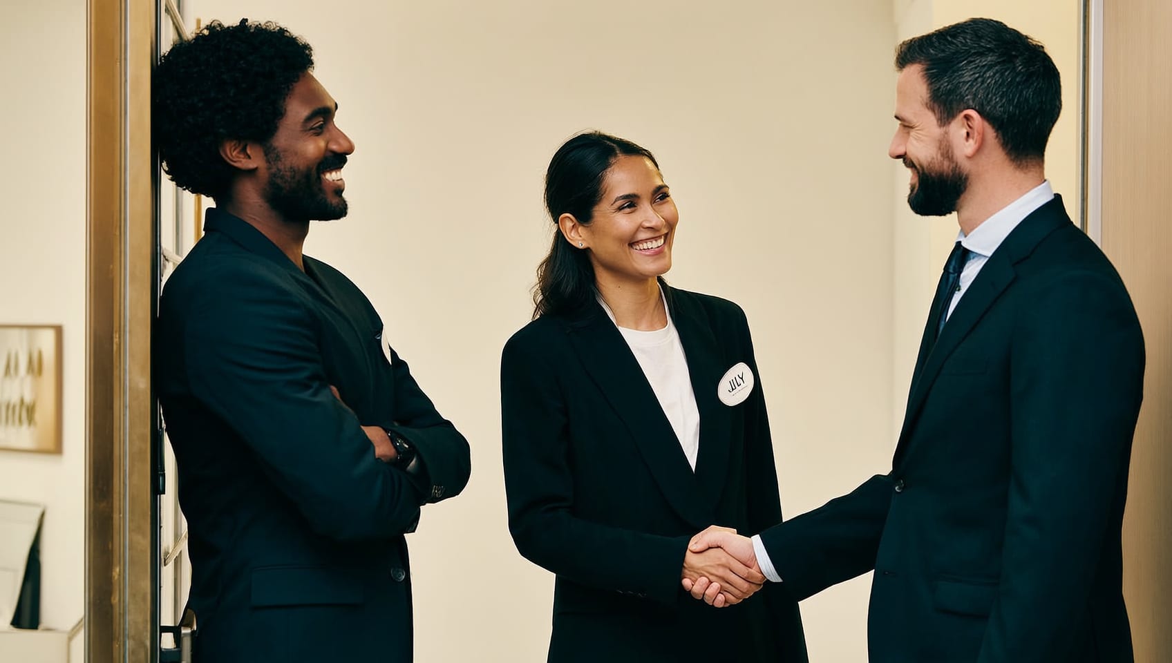 A JULY AI Labs team member greeting visiting brokerage clients at the studio entrance