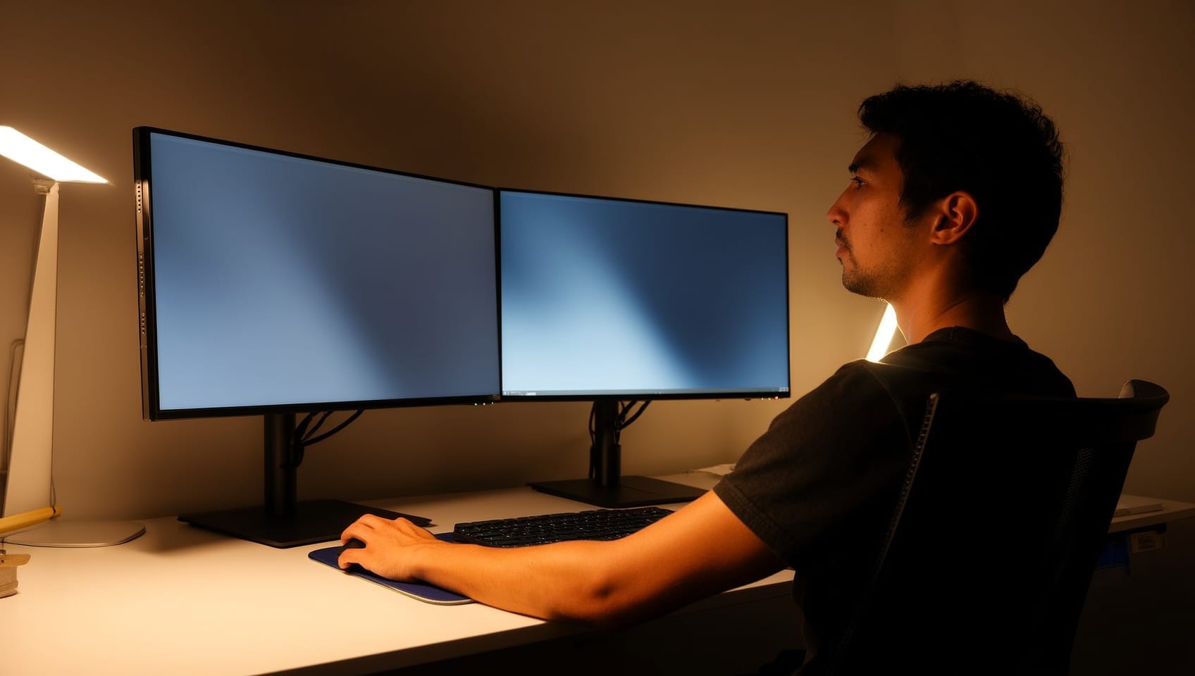 Dark control room lit by red light beams, with two translucent holographic screens glowing above a desk