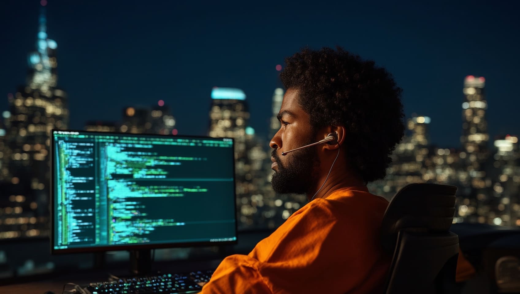 A JULY AI Labs engineer reviewing code late at night with the city skyline behind them