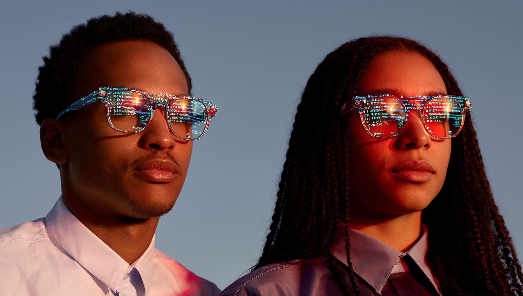 Two JULY AI Labs engineers reviewing code together, augmented reality data reflected in their glasses