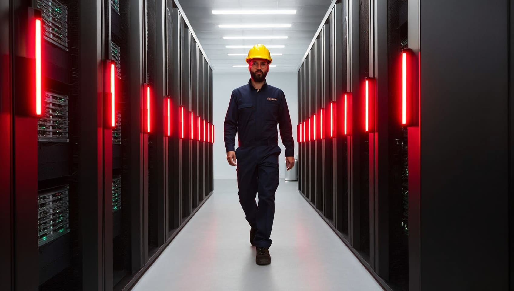 Server racks glowing red in a dark data room
