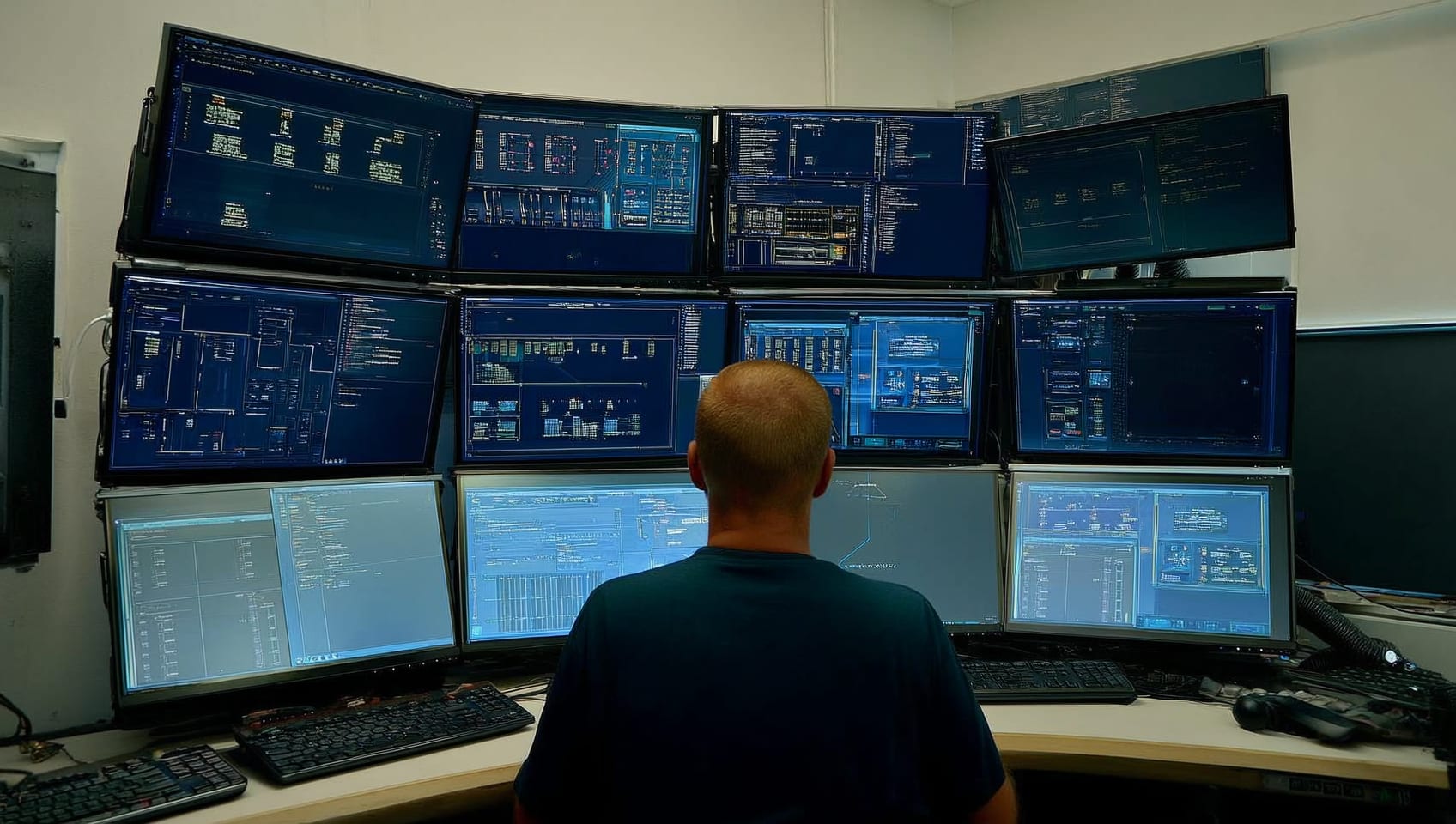 A JULY AI Labs engineer at a multi-monitor workbench refining one unified product interface