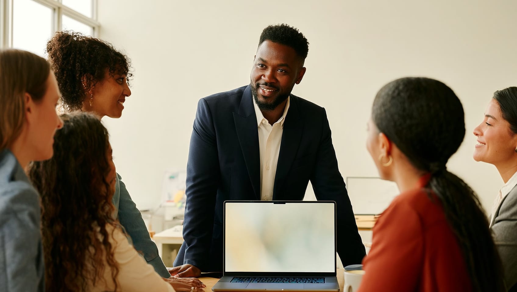 A managing broker leading a morning huddle with agents around a shared screen showing member and deal records