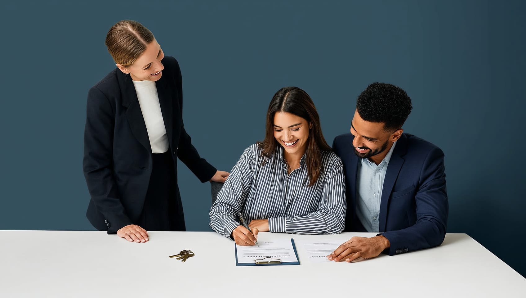 A transaction coordinator and clients reviewing a closing timeline together at a signing table