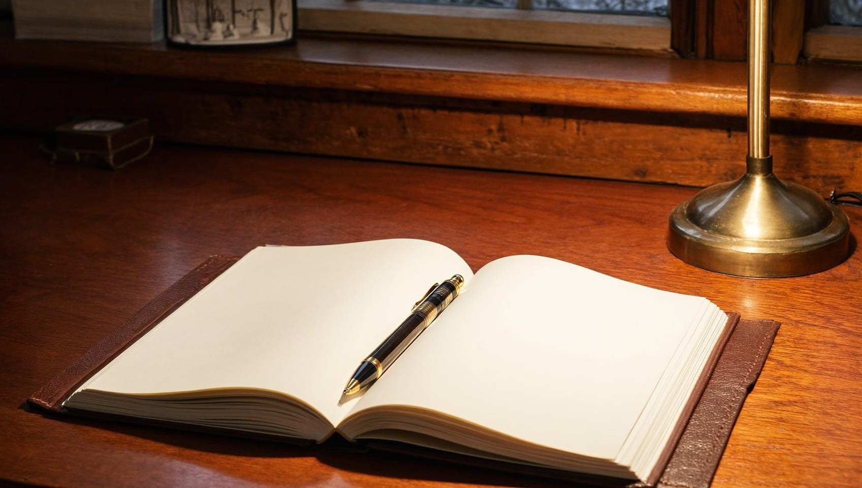 An open leather-bound notebook with a fountain pen resting on a warm wood desk, softly lit, no people in frame