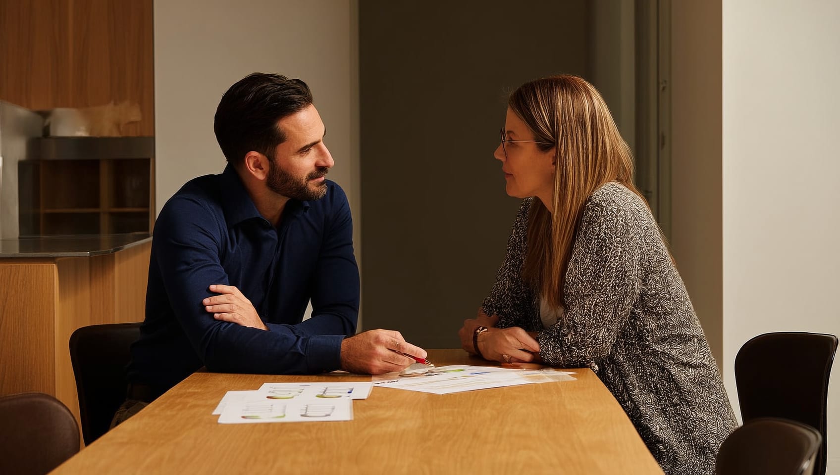 An agent and a homeowner reviewing offer comparisons together at the kitchen table of the listed home